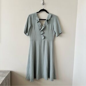 DownEast-Mint Green & White Polka Dot Ruffle Front Short Dress (Size:Small)